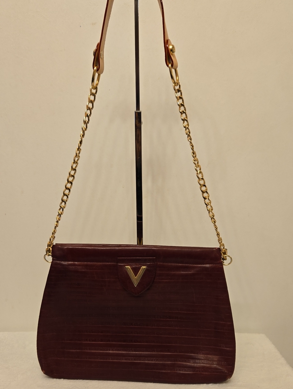 Vintage Mario Valentino Burgundy Clutch with Gold V Accent